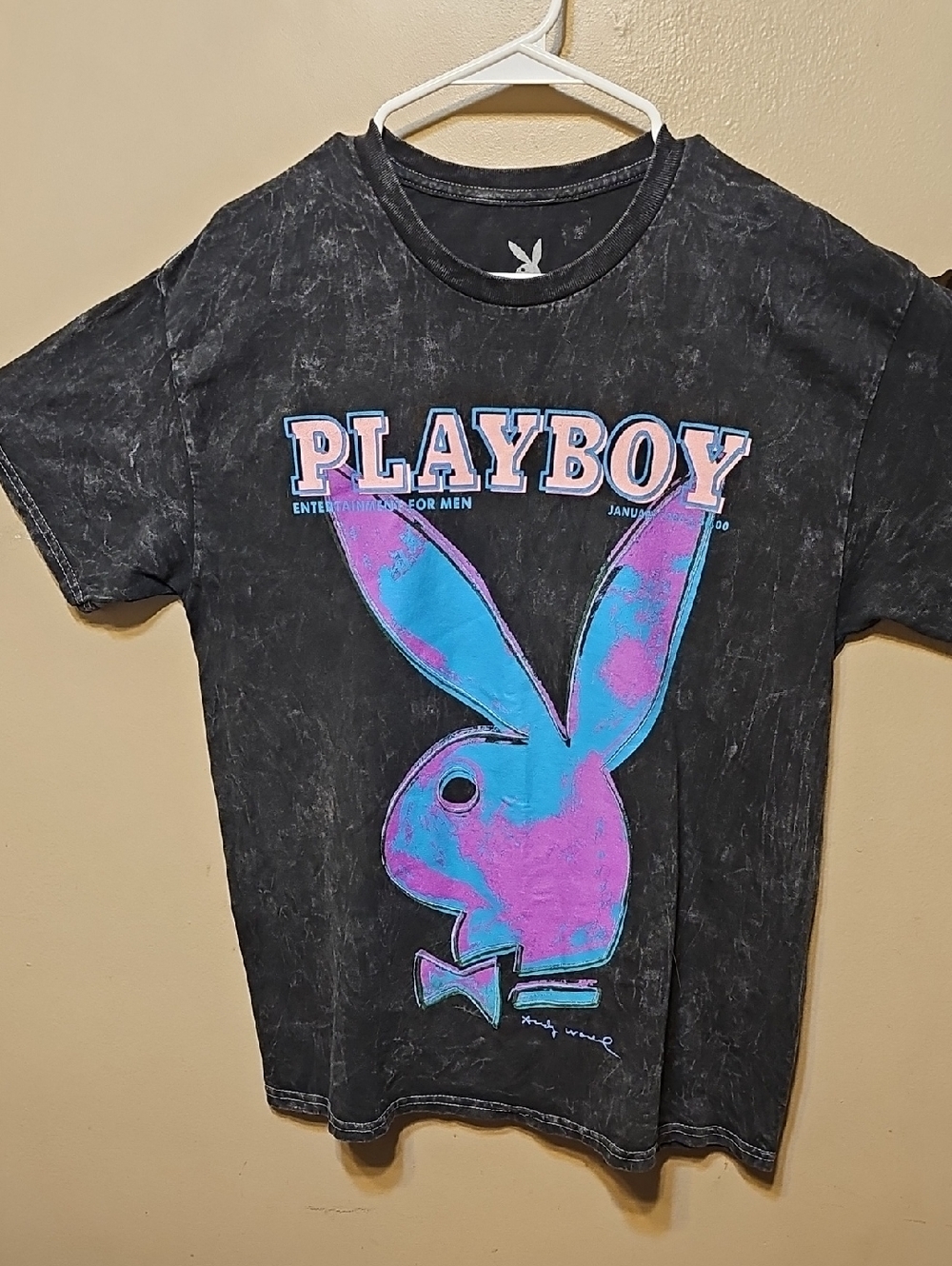 PLAYBOY Black Tee with Pink & Blue Bunny Print